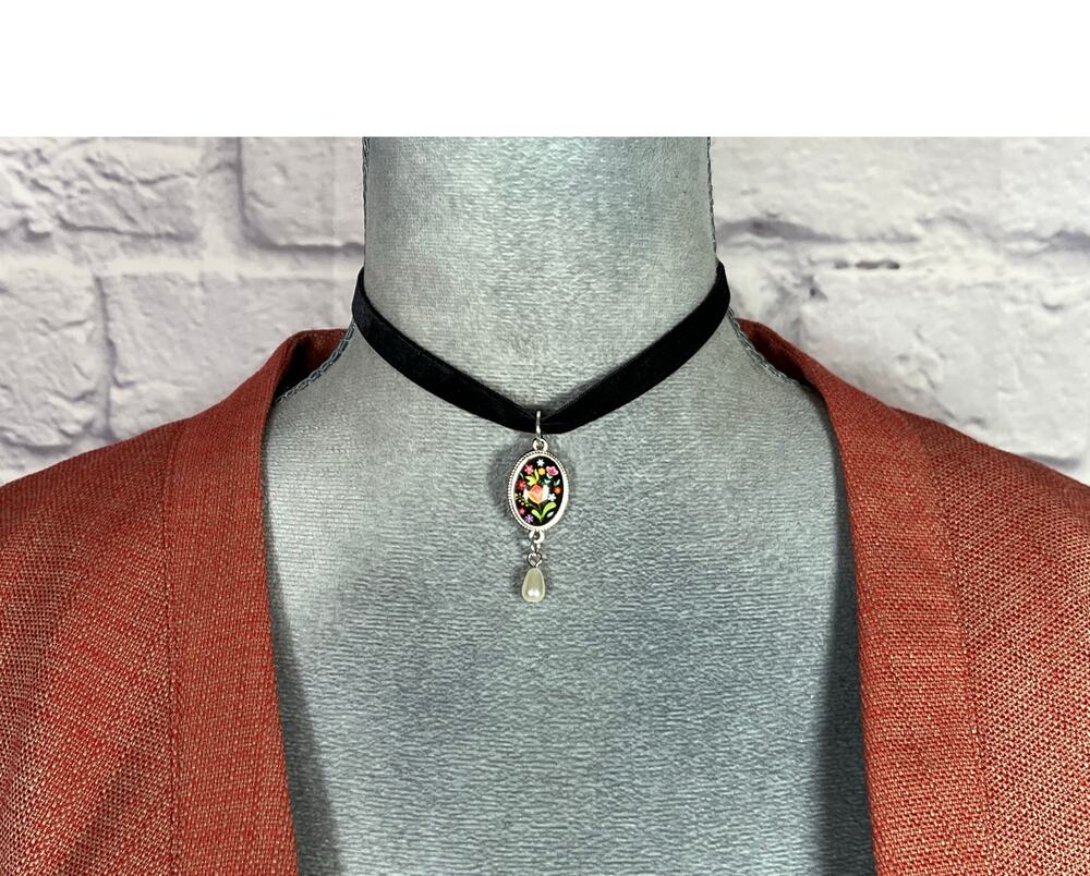 Handmade Victorian Style Black Velvet Choker with Floral Pendant and Pearl Drop